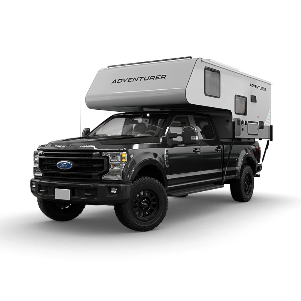 Black Ford truck with an Adventurer 80RB truck camper on a white background