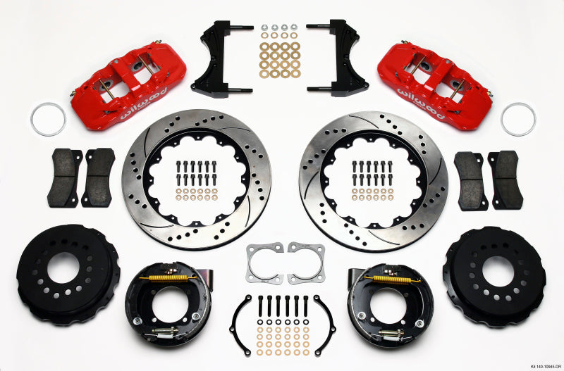Wilwood AERO4 Rear P-Brake Kit 14.00in Drilled Red Chevy 12 Bolt-Spec 3.15in Bearing