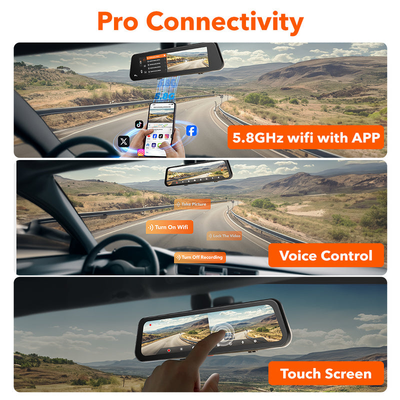 Wolfbox G900Pro 12MP WiFi Touch Screen Rear View Mirror Dash Cam Smart Mirror