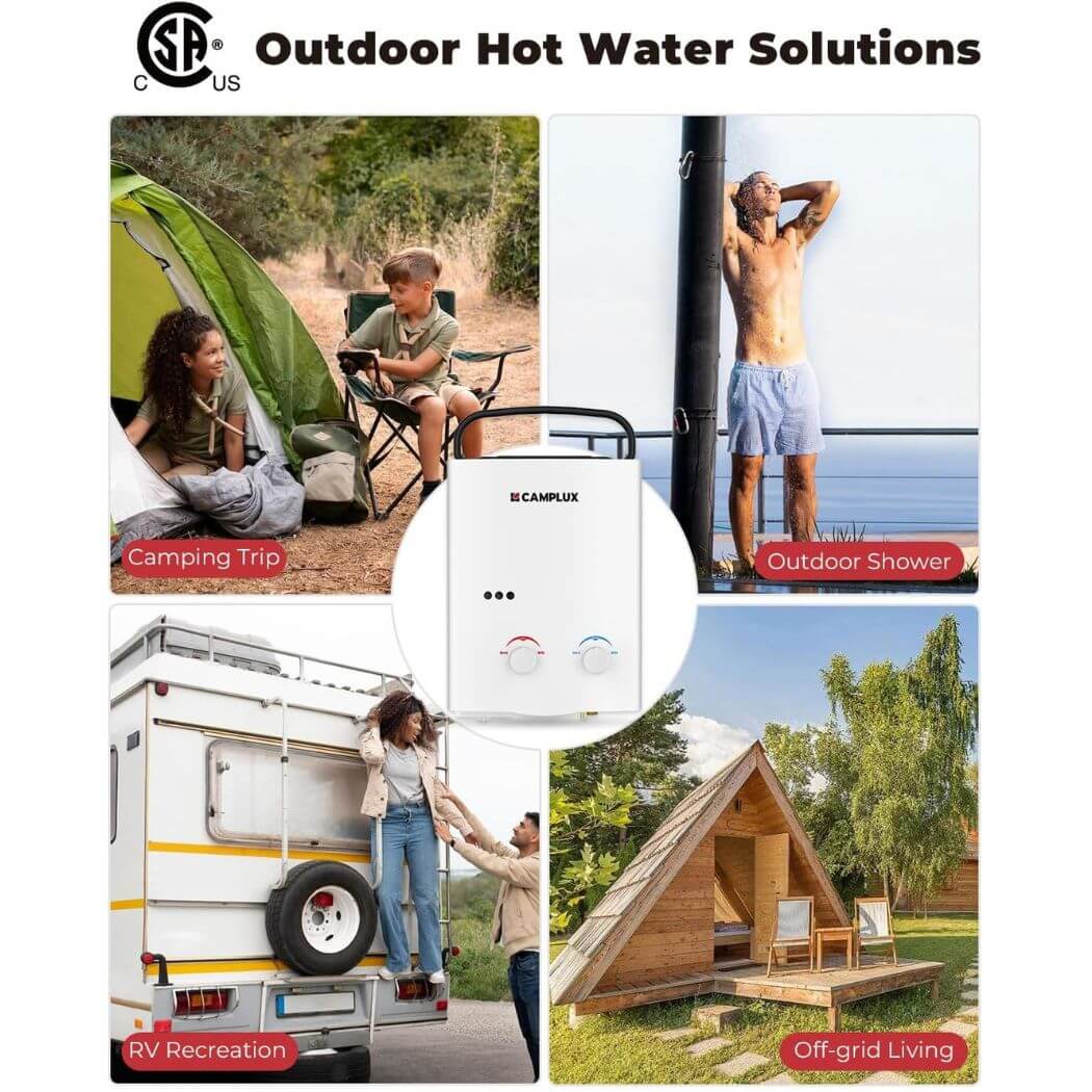 Camplux 5L 1.32 GPM Outdoor Portable Propane Tankless Water Heater - White