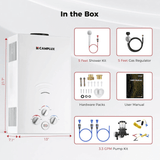 Propane Portable Tankless Water Heater Outdoor, Camplux 2.64 GPM Instant Hot Camping Showers with 3.3 GPM Water Pump & Pipe Strainer