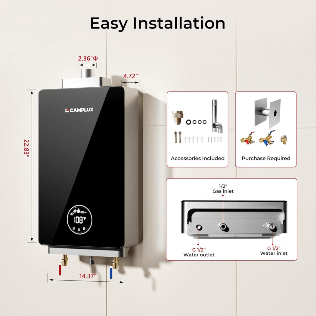 3.18 GPM Indoor Tankless Water Heater Propane with Wall Thimble, Black