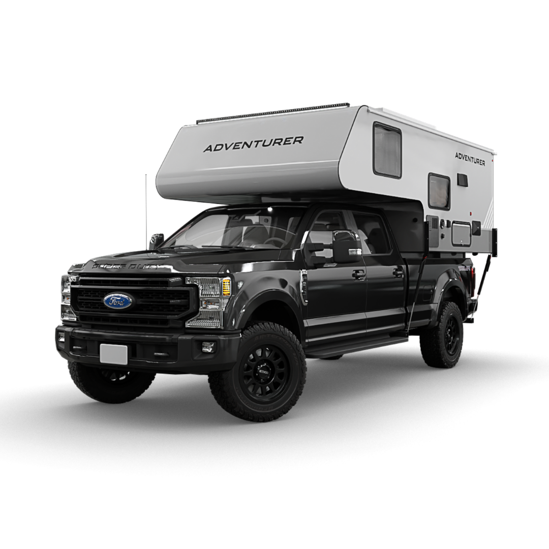 Black Ford truck with an Adventurer 80RB truck camper on a white background