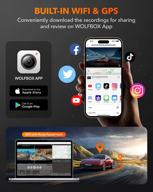WOLFBOX 4K Dash Cam Front And Rear – WiFi, GPS, UHD, Includes 64GB SD Card