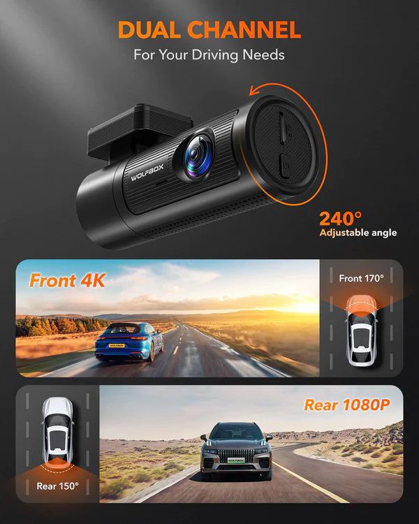 WOLFBOX I07 Dashcams For Cars Front and Rear 4k+1080P Dash Cam