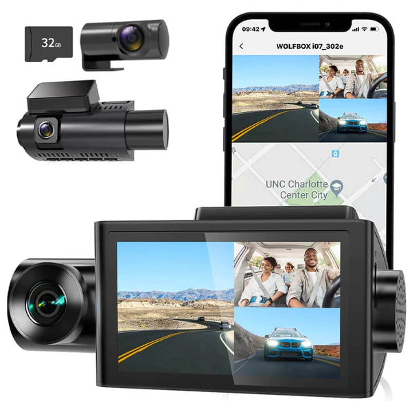 Wolfbox i07 Dash Cam 3 Channel 2.5K+1080P+1080P Dashboard Recorder Built-in GPS WiFi