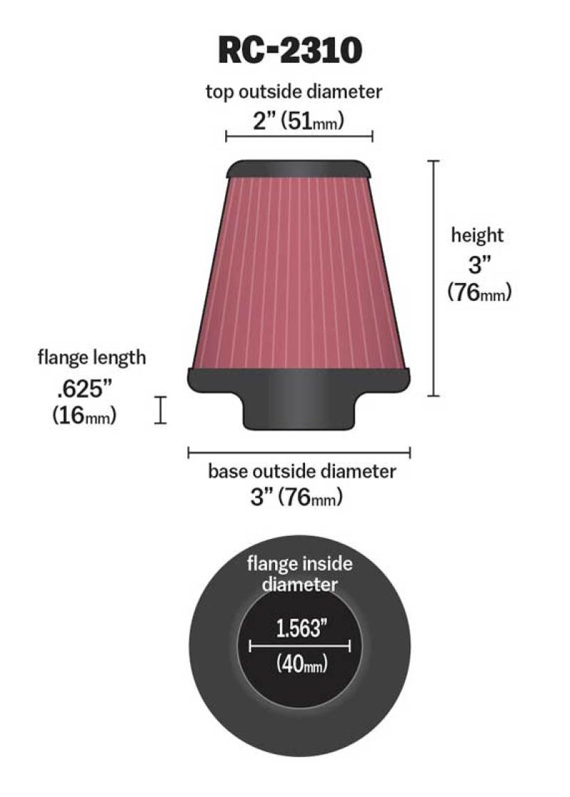 K&N Universal Round Tapered Chrome Filter 1.563in Flange ID x 3in Base OD x 2in Top OD x 3in H