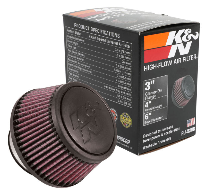 K&N Universal Round Clamp-On Air Filter 3in Flange ID x 6in Base OD x 4.625in Top OD x 3in Height