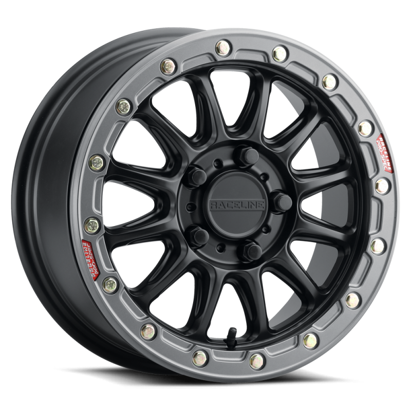 Raceline A14GR Alpha 15x7in/5x114.3 BP/53mm Offset/68mm Bore - Gunmetal & Red Ring Beadlock Wheel