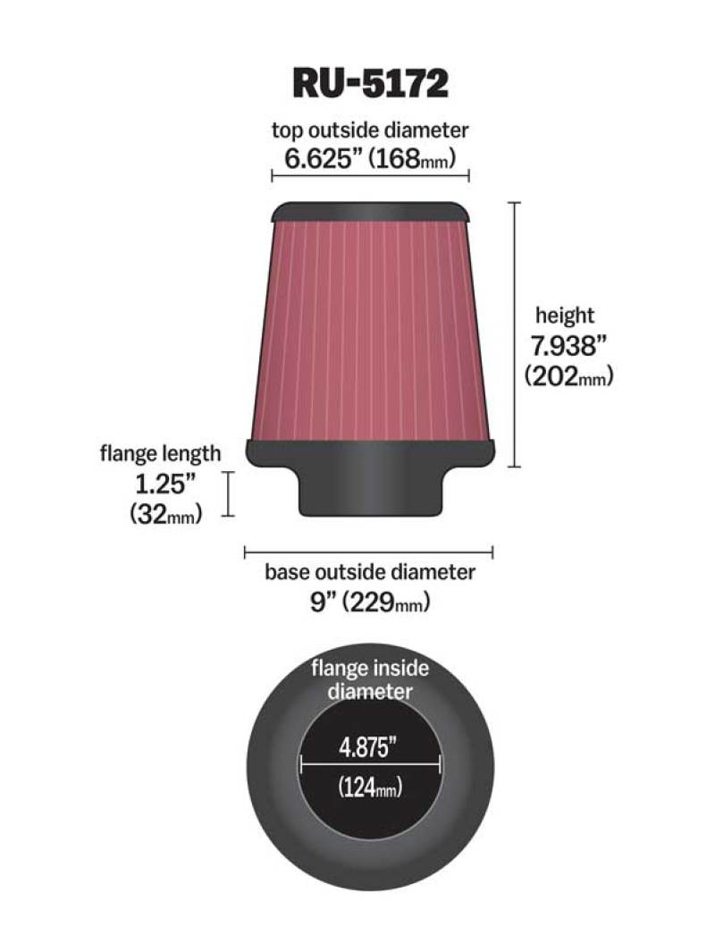 K&N Universal Rubber Filter-Round Tprd 4.875in Flange ID x 9in Base OD x 6.625in Top OD x 7.938in H