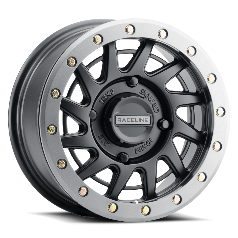 Raceline A12BG Squad 15x7in/4x156 BP/10mm Offset/132.5mm Bore - Black & Gunmetal Ring Beadlock Wheel