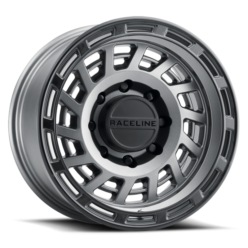 Raceline 957GB Halo 17x8.5in / 6x139.7 BP / 0mm Offset / 106.1mm Bore - Gunmetal & Black Lip Wheel