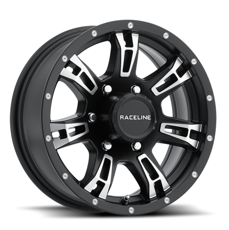 Raceline 840 Arsenal 15x5in / 5x114.3 BP / 0mm Offset / 3.19mm Bore - Black & Machined Wheel